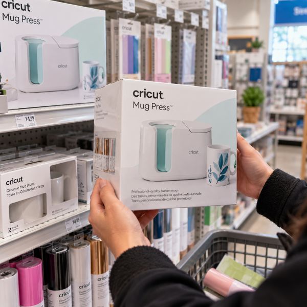 Coffret Cricut Mug Press présenté dans un rayon de magasin