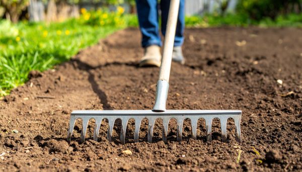 ratisser le terrain au rateau avant de semer le gazon  sans rouleau